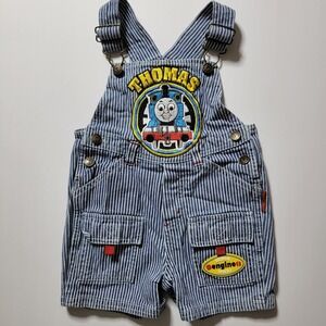 Vtg Thomas the Train Overalls 12M Denim Blue White Railroad Stripe Shortalls